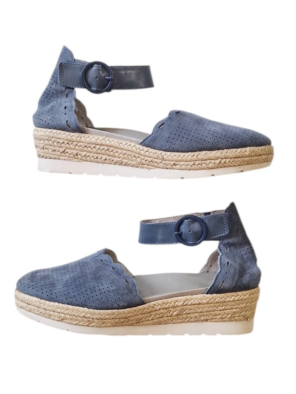 Earth Blue Leather Espadrille Wedge Sandals Ankle Strap Comfort Shoes Sz 8.5